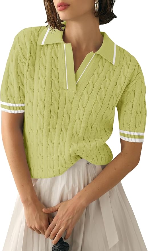 Micoson Womens Short Sleeve Sweater Tops Lapel V Neck Polo Shirts 2026 | Summer Cable Knit Loose Blouses, Business Casual Outfits