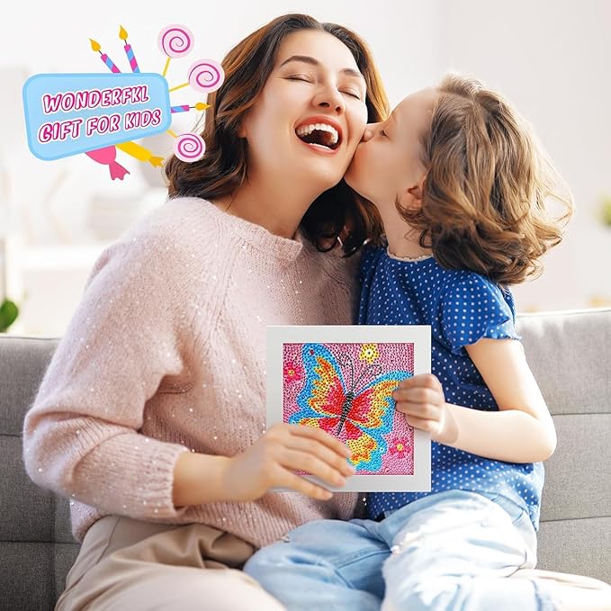 Art Kit for Kids with Frame, 7x7inch,for Diamondart and Crafts for Kids Ages 6-8-12, Easy DIY Gem Art by Number Boys for Birthday Christmas Gifts(Butterfly)