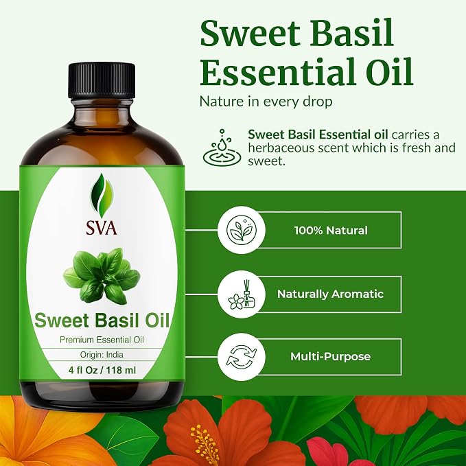 SVA Sweet Basil Essential Oil 4 Fl Oz – for Diffuser, Skin & Hair Care – Ideal for Massage & DIY Blends - with Dropper