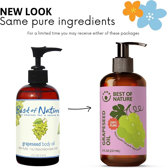 Best of Nature 100% Pure Grapeseed Massage & Body Oil, Unscented Lightweight Non-Greasy Moisturizer for Hair, Skin, Face, & Aromatherapy Carrier Oil for Essential Oils, 8 oz.