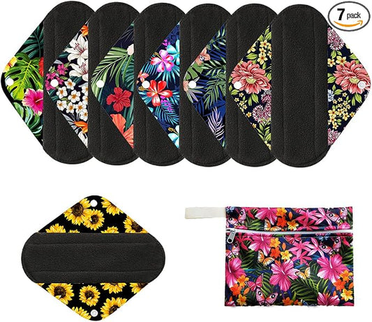 7pcs/Set Reusable Menstrual Pads Including 1pc Mini Wet Bag +6pcs Bamboo Charcoal Cloth Menstrual Incontinence Pads/Reusable Sanitary/Mama Panty Liners (All Randomly Prints)