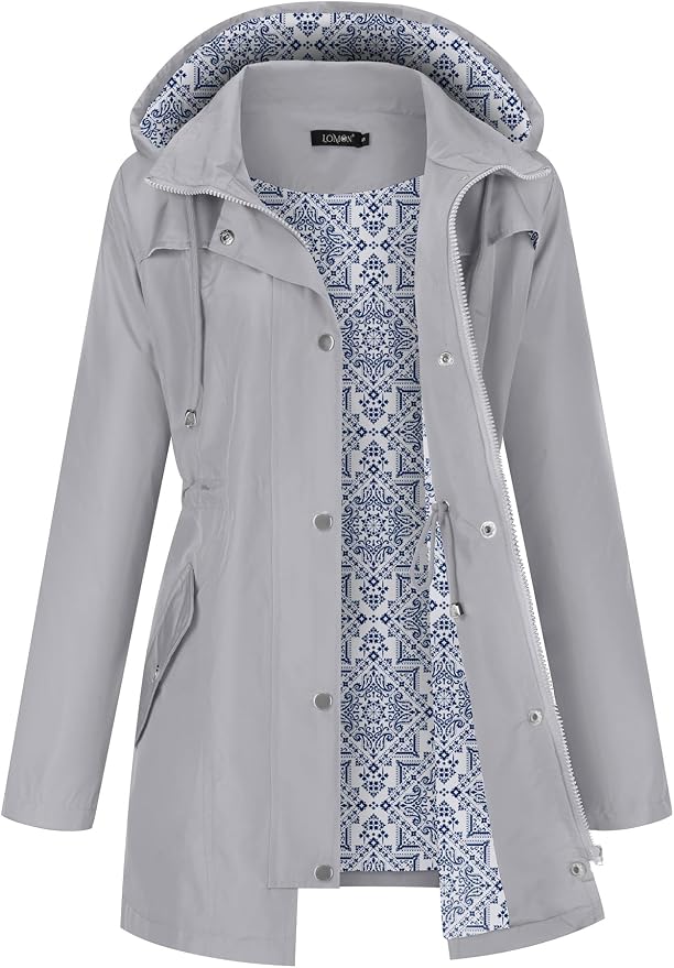 LOMON Women Waterproof Outdoor Hiking Raincoat Women Lined Rain Jacket Lightweight Hooded Jackets Trench Coats