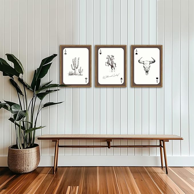 Western Cowgirl Wall Art Set of 3, Vintage Southwestern Wild and Lucky Rodeo Wall Decor Painting, Bull Skull Playing Card Poster Canvas Prints for Living Room Bedroom 12x16 inch Wood Framed