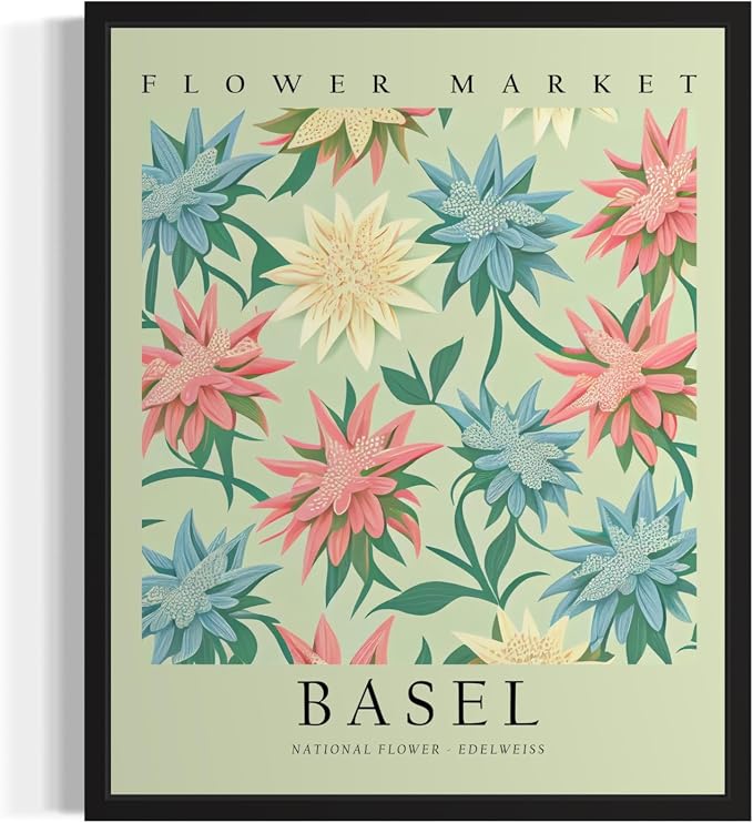 Switzerland Flower Market Art Print Poster, Wall Art Floral Painting Botanical Decor for Bedroom, Kitchen, Bathroom Livingroom Decoration 82B (Switzerland, 14"L x 11"W, Black Frame)