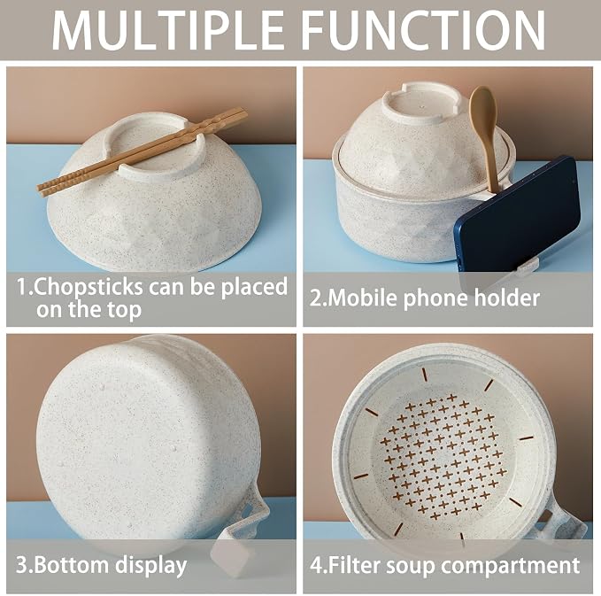 1 Set Microwave Ramen Cooker 40oz Wheat Straw Microwave Noodle Bowl Set with Chopsticks, Spoon, Fork, College Dorm Office Apartment Essentials (Beige)