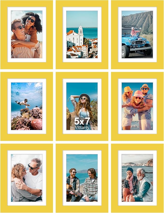 Vittanly 5x7 Picture Frames Set of 9 for Wall or Tabletop Display, Yellow | Display Pictures 4x6 with Mat or 5x7 without Mat, Small Photo Frames, Engineered Wood with Shatter Resistant Plexiglass