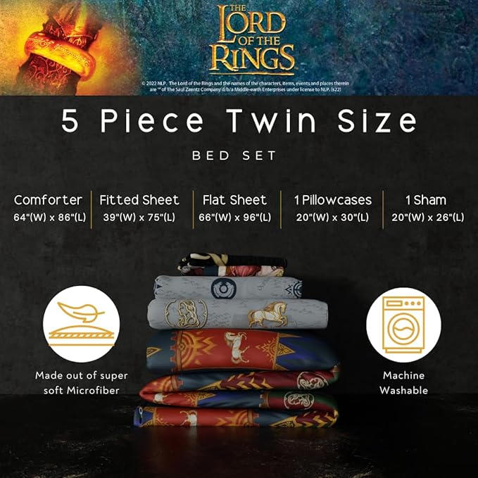 The Lord of the Rings: The War of the Rohirrim 5 Piece Super Soft Cozy Reversible Comforter and Sheet Set with Sham, Twin, (Officially Licensed Product) By Franco