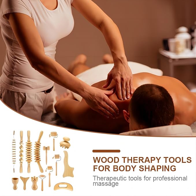 15Pcs Wood Therapy Massage Tools Set for Body Sculpting, Wooden Rollers, Gua Sha & Facial Rollers for Lymphatic Drainage, Home Spa Routines, Face, Neck, Waist, Abdomen, Hips and Legs