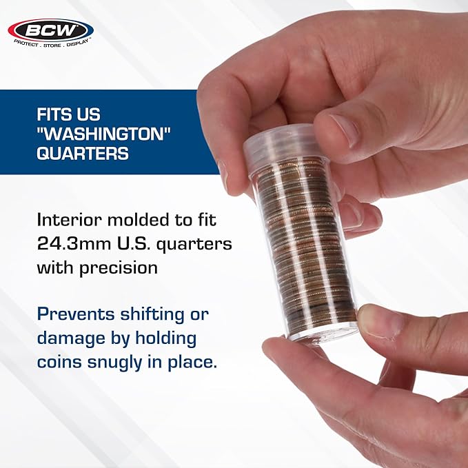 BCW Quarter Coin Storage Tubes - 10 Pack | Archival Quality Plastic Coin Holders, Screw-On Caps | Long-Term Coin Storage