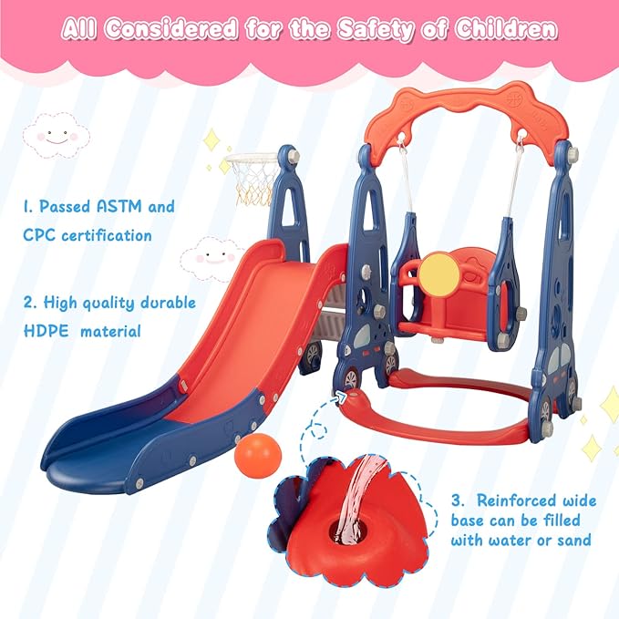 4 in 1 Slide Climber Swing Set, Freestanding Toddler Slide Climber Playset with Basketball Hoop, Toddler Playground Indoor Outdoor, Easy Setup (Red)