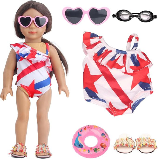 18 Inch Doll Clothes & Accessories Bundle-5-Pcs Summer Beach Playset with Swimsuit,Sandals,Goggles,Sunglasses & Inflatable Ring for 18 Dolls Wardrobe