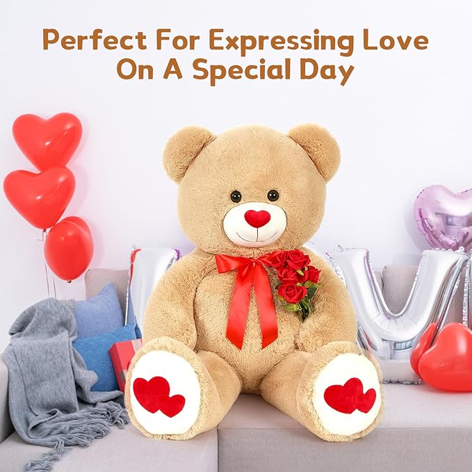 MaoGoLan Big Teddy Bear Plush 42"- Giant BrownTeddy Bear Stuffed Animal with Heart Footprints and Heart Nose - Large Valentines Teddy Bear for Boyfriend,Wife,Lover - Anniversary,Long Distance
