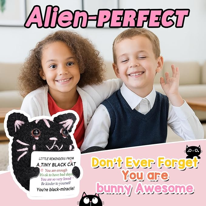 AICase Positive Black Cat Crochet Animals Emotional Support Nuggets Inspirational Knitted Unique Small Fanny Decorations Present Birthday Gifts for Women Men Her Him Sister Mom Dad Girls Boys Fans