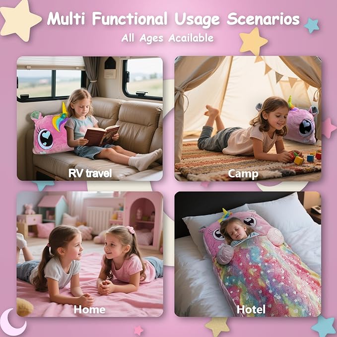 Kids Sleeping Bag, Large Unicorn Slumber Bag for Girls Boys, Portable Toddler Nap Mat, Preschool Daycare Kindergarten Birthday Gift 3-12 Yr Child, Pink