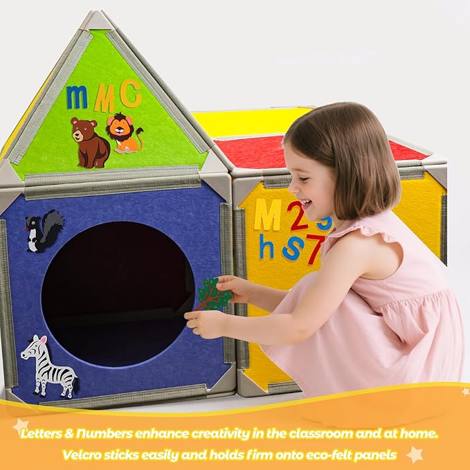 Magnetic Fort Building Panels – 16PCS Upgraded Felt Panels with Alphabet, Number & Animal Stickers, Kids Magnetic Playhouse Construction Toy Set for Creative Fort Building