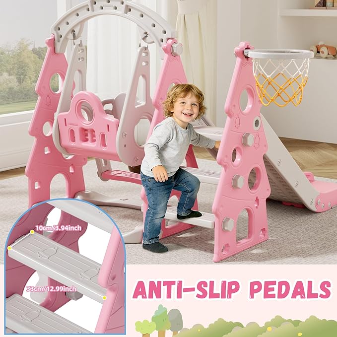XJD 4-in-1 Toddler Slide and Swing Set, Kids Slide for Toddlers Age 1+, Toddler Outdoor Playset with Basketball Hoop, Swing, Christmas Birthday Gifts for Kids (Light Pink)