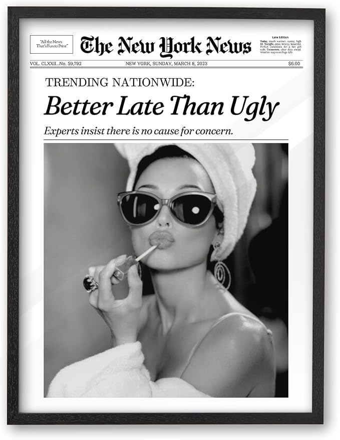 iHery 16x20in Audrey Hepburn Better Late Than Ugly Framed Bathroom Art | Premium Black Natural OAK Wood Frame with Canvas Print, Vintage Fashion Wall Decor for Bedroom, Apartment Girl Dorm, 1Pack