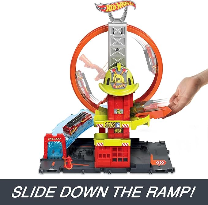Hot Wheels City with 1 Toy Car, Kid-Powered Elevator, Water-Like Ramp, Track-Play Features, Connects to Other Sets, Fire Station with Super Loop (Amazon Exclusive)