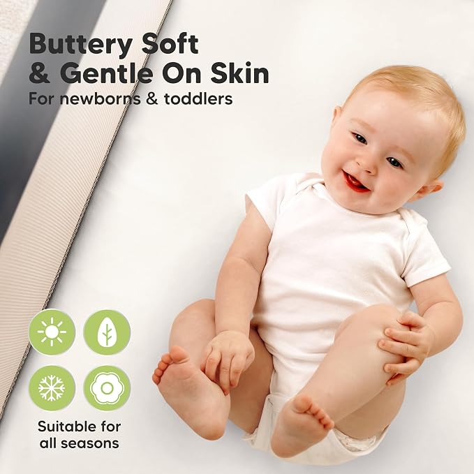 2-Pack Waterproof Pack and Play Sheets, Mini Crib Sheets Fitted for Boy, Girl - 38 x 26 Viscose From Bamboo Pack N Play Mattress Sheets for Graco, Toddler Playard Baby Crib Sheets Neutral (Soft White)