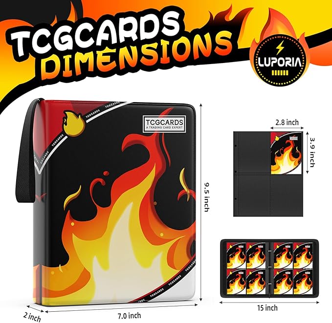 Trading Card Binder 4 Pocket,400 Pocket Card Collection Binder with 50 Removable Sleeves,PU Waterproof Top Card Book,3-Ring Zipper Collectible Trading Card Album for MTG/TCG/Card Holder Gift(Fire）