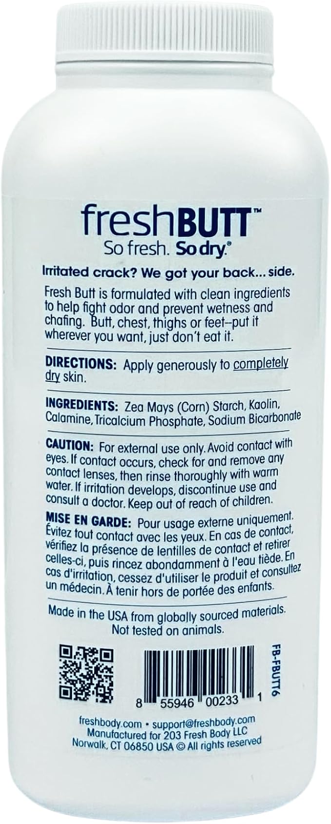 Fresh Butt Body Powder for Men & Women - Talc-Free with Calamine for Friction Fighting, Anti-Chafing, Anti-Itch, Odor & Sweat Absorbing, Unscented, 6oz