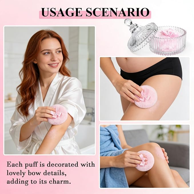 LAKIRA Large Body Powder Puff and Container, 2 Large Powder Puffs, Crystal Powder Container with 3.94" Puff for Baby Women, Dusting Powder Container with Puffs for Women, Bath, Home Use (4″ Pure C)
