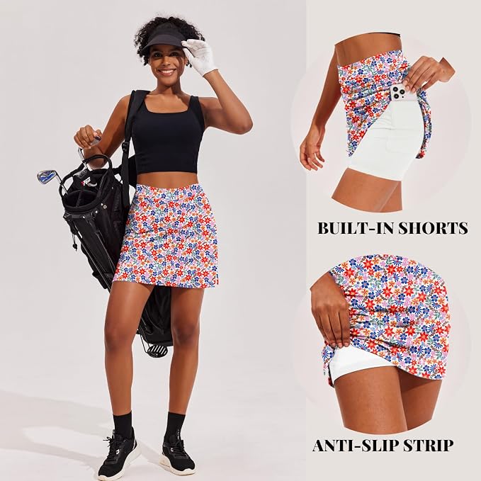 Ekouaer 16" Skorts for Women with Pockets Golf Pickleball Tennis Skirt | Silicone Grippers,2 Inner Pockets,Wide Waist,Side Slit Hem,Breathable,Soft,Lightweight
