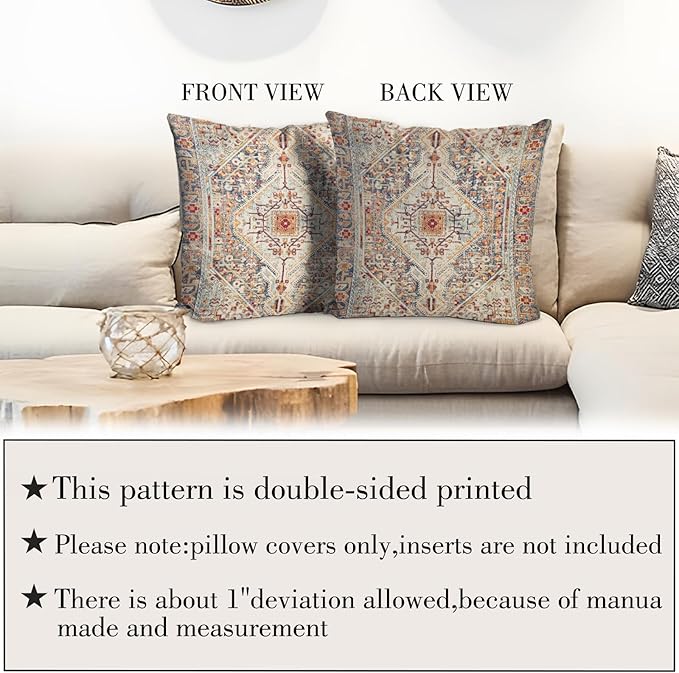 Boho Throw Pillow Covers 18x18 inch Set of 2,Bohemian Vintage Carpet Pattern Antique Ethnic Decor Double Sided Pattern Cushion Cover Soft Pillow Case Living Sofa Room Bed Square Pillow Cover