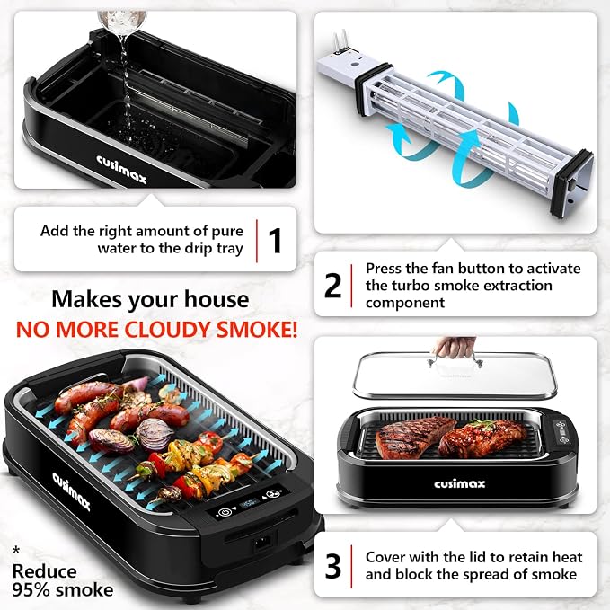 Indoor Grill, CUSIMAX Smokeless Grill Indoor, 1500W Electric Grill Griddle | Korean BBQ with Smart LED Display & Tempered Glass Lid, Non-stick Removable Grill Plate & Griddle Plate, Easy Cleanup, Black
