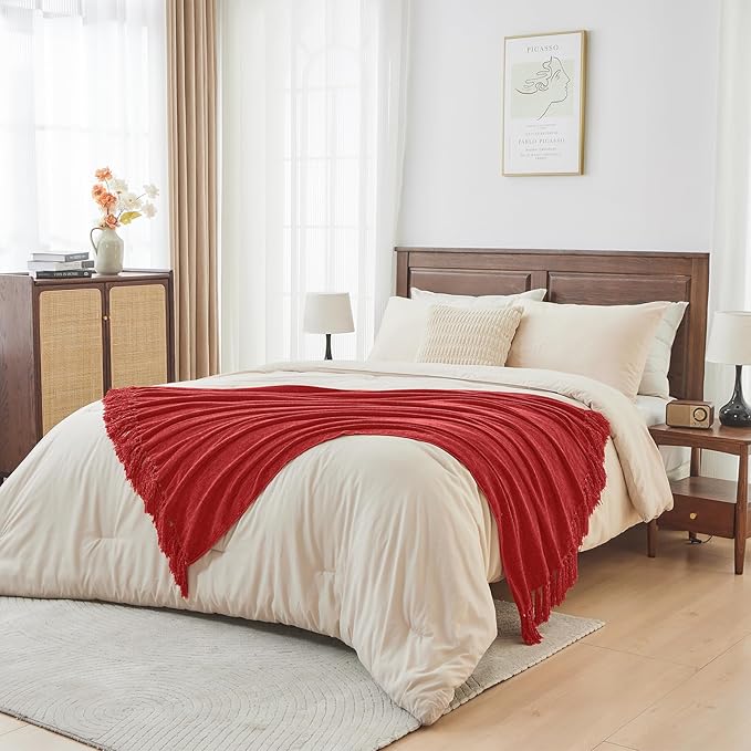 CozeCube Chenille Throw Blanket, Christmas Red Fringe Blanket, 50"X60" | For Couch, Cozy Plush Fuzzy Decorative Blanket with Fringe Tassels, Lightweight Throws for Bed Sofa Gift Home Decor