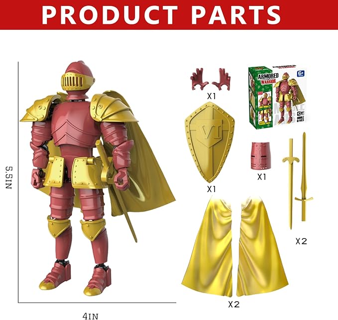 T13 Medieval Knight Action Figure, Knight Action Figures Assembly Required Knight Armor Action Figure Multi-Jointed Movable Medieval Action Figures Medieval Knight T13 Figure for Kids & Adults(Red)