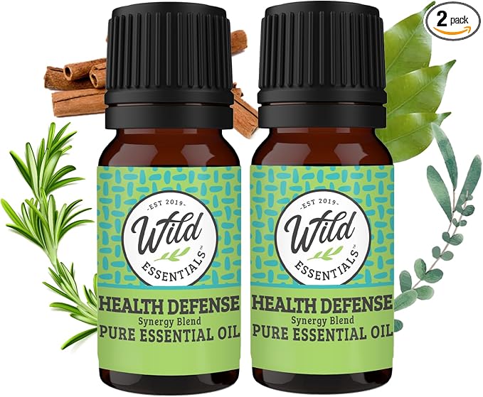 Wild Essentials Health Defense 100% Pure Essential Oil Synergy Blend 2 Pack - 10ml, Premium Grade - Four Thieves Blend, use for Immune Boost, Congestion, Energizing, Mood Boost