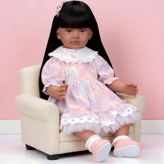 Pinky 24 inch Black Indian Reborn Baby Dolls Girl Soft Vinyl Realistic Look African American Newborn Doll Toddler Doll Toy for Kids 3+