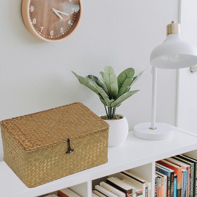 Seagrass Wicker Storage Basket with Lid, Large, Natural | Large Storage Box, Shelf Organizer, Rectangular Woven Bin, Multipurpose Home Storage, Natural Decor, 13 x 8.66 x 6.1