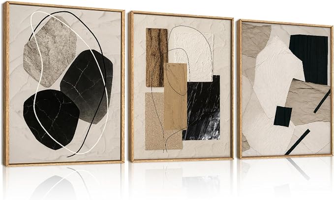BINCUE Framed Abstract Wall Art Neutral Modern Wall Decor for Living Room Bedroom Bathroom Office 12x16 Inch Set of 3