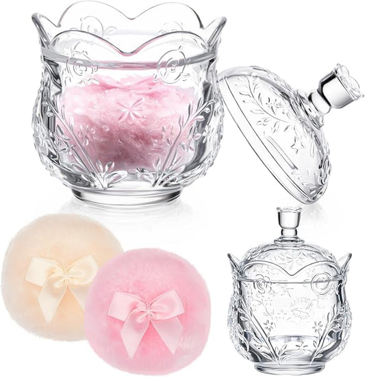 Tioncy 3 Pcs Large Body Powder Puff and Container Valentine's Day gift Powder Container with Puff Crystal Case Soft Washable Reusable Velour Face Body Glitter Wet Dry Makeup(Floral Embossed,Clear)