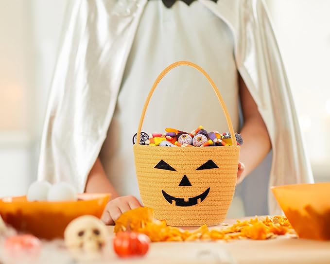 Halloween Trick or Treat Basket with Handle Cute Bucket Cotton Rope Woven Candy Bag Pumpkin Witch Cat Pig Storage Basket for Halloween Party Favor(3 Packs,Mixed Style)