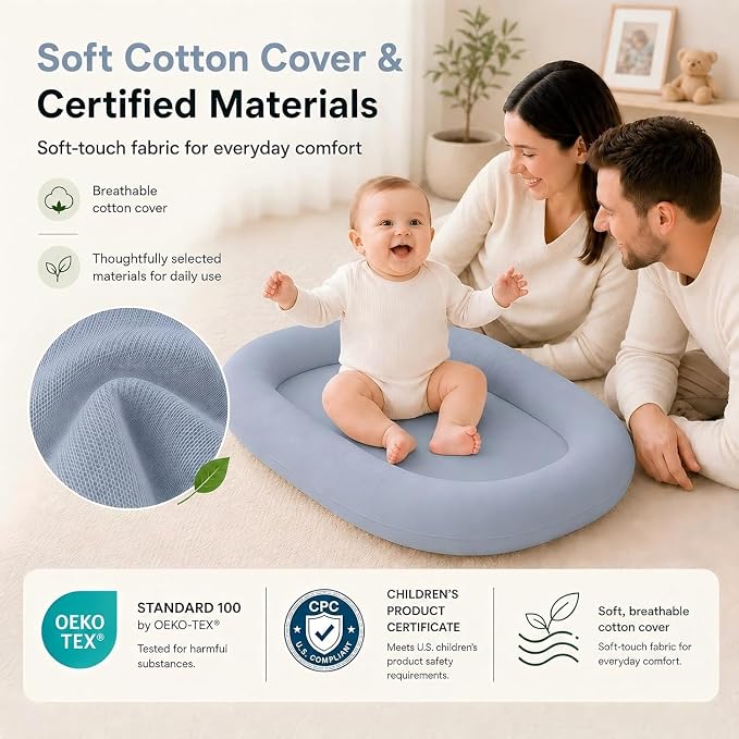 Baby Lounger for Newborns 0-24 Months, Soft Breathable Cotton Infant Support Cushion for Tummy Time & Play, Portable Infant Lounger, Baby Essentials - Navy Blue (Cover Included)