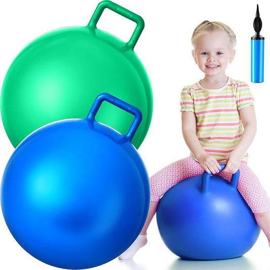 Lewtemi 2 Pcs 18 Inch Big Bouncing Ball with Handle Jumping Hopper Bouncy Ball for Adults Exercise and Air Pump for Outdoor Sports Game(Blue, Green)