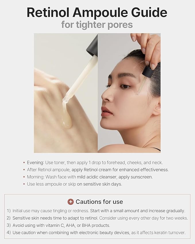 Retinol Ampoule - Korean Retinol Vitamin A Face Serum - Pore Tightening & Refinement Night Skincare - Dermatologically Tested, Vegan Formula, 1.01 fl.oz.