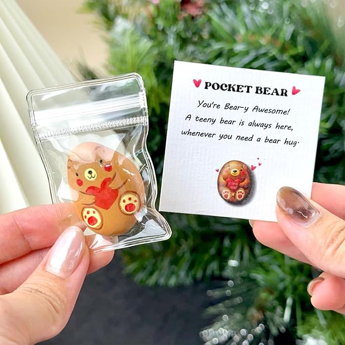 Handmade Pocket Bear Pebble – Cute Hand-Painted Affirmation Token with Card – Long Distance Hug, Encouragement Token for Friends, Kids, Loved Ones, or Anxiety Relief Gifts for Boyfriend, Girlfriend