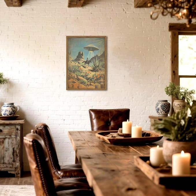 Vintage Intergalactic Western Wall Art Scifi Alien UFO Cowboy Rider Wall Decor Painting Funny Southwest Flying Saucer Poster Canvas Print Picture for Living Room Bedroom 12x16 inch Wood Framed