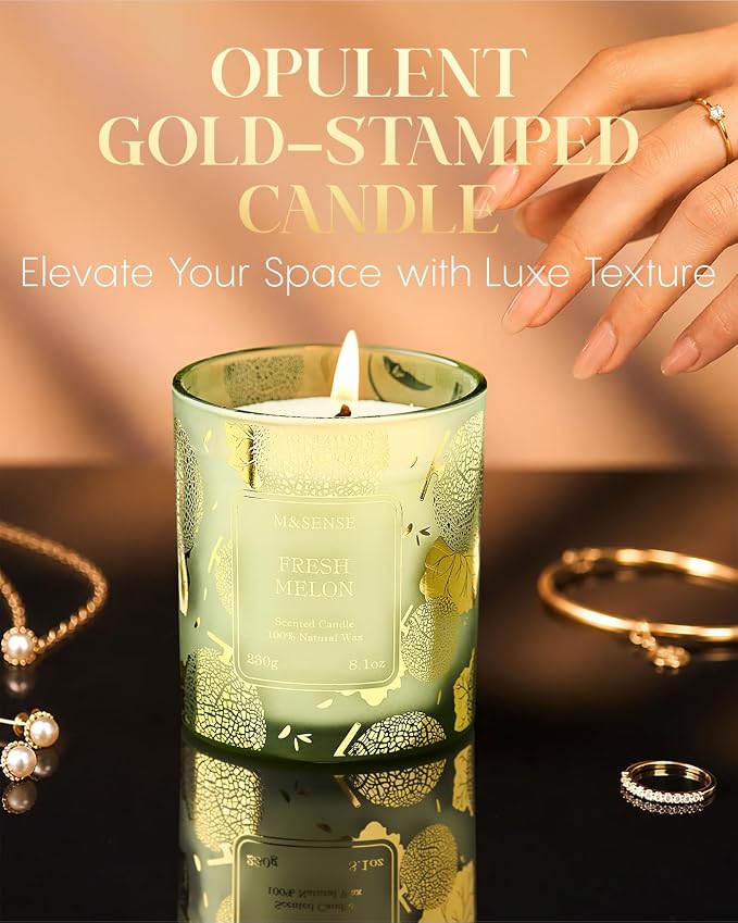 M&SENSE Fresh Melon Soy Candle, 8.1oz Gilded Glass Summer Refresh | 42H Long Lasting, Gilded Glass, Fresh Home Fragrance, Sensitive-Safe, Warmer Lamp Use, Reusable Jar