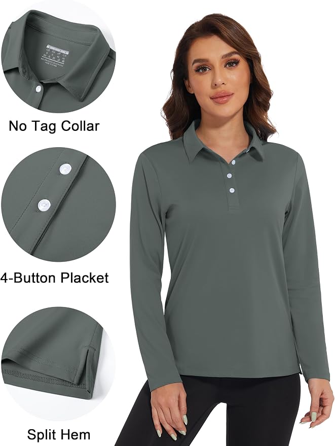 MAGCOMSEN Long Sleeve Polo Shirts for Women Golf Tops with Collar Work | UPF 50+ Sun Protection, 4 Buttons, Moisture Wicking, Breathable, 4-Way Stretch, Collared, Quick Dry, Active, Casual, Tennis