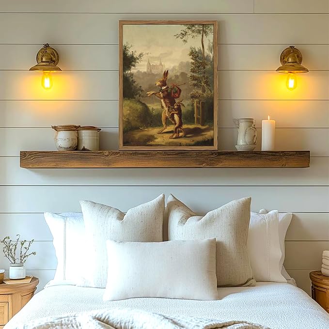 Funny Rabbit Wall Art Whimsical Bunny Wall Decor Painting Vintage Cottagecore Easter Animal Poster Canvas Prints Hare Family Picture Artwork for Living Room Bedroom 12x16 inch Wood Framed