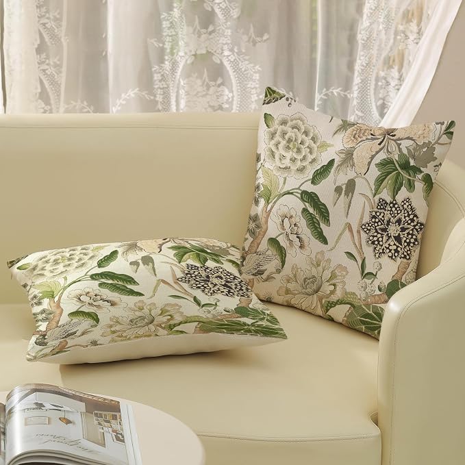 Green Pillow Covers 16x16 Inch Set of 2 Vintage Green Floral Throw Pillows Chinoiserie Flower Decorative Pillow Cases Outdoor Linen Farmhouse Cushion Covers for Couch Sofa Decorations