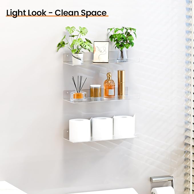 upsimples 15" x 6" Acrylic Shelves for Wall Storage and Organizer, 4 Pcs | Versatile Floating Shelf for Skincare, Bag, Wall Organizer for Bathroom, Bedroom, Living Room, Kitchen, Playroom, Room Décor