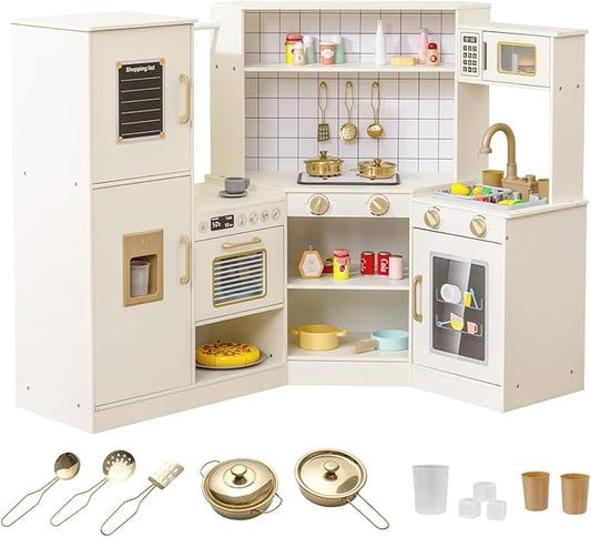 Costzon Kids Corner Play Kitchen, Pretend Play Kitchen Set w/Ice Dispenser, Stoves, Oven, Microwave, Dishwasher, Water Faucet & Accessories, Wooden Toy Kitchen Playset for Boys & Girls 3+