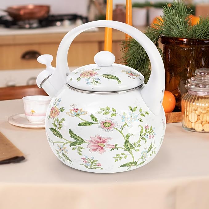 Jucoan 2.3 Quart Vintage Enamel Tea Kettle, Whistling Tea Kettle for Stove Top, Floral Enamel on Steel Teakettle Teapot for Home Kitchen Camping, Gift for Wedding Housewarming Mother's Day