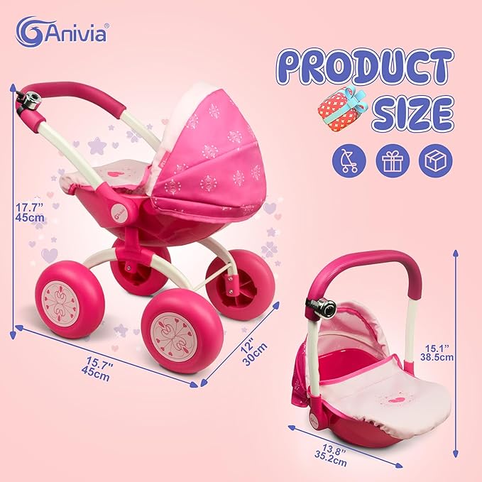 ANNIVIA Baby Doll Stroller - Metal Fold Up and Down Pram Carriage for Dolls